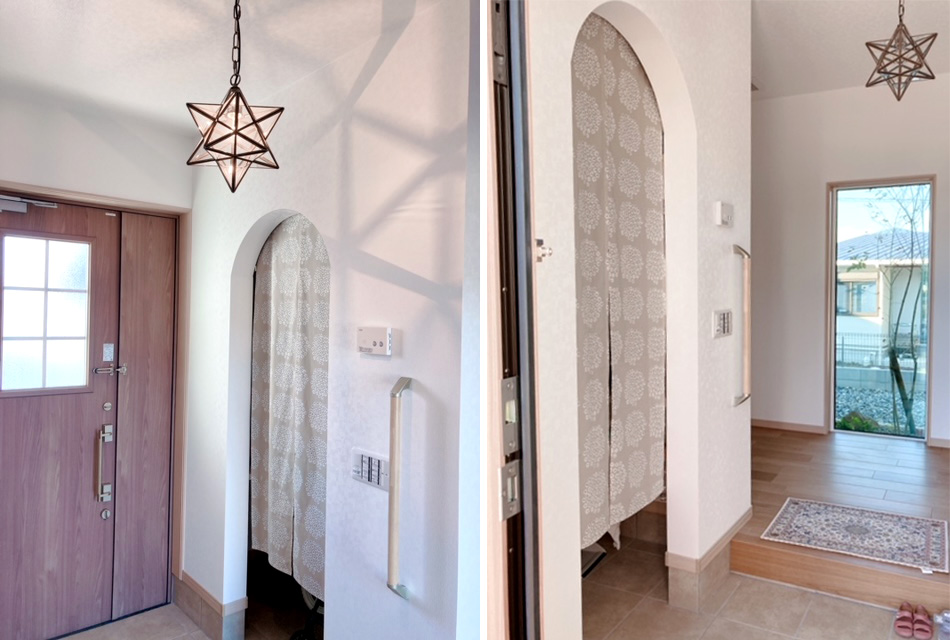 北欧柄オーダーのれん「プケッティ」でシューズクロークの間仕切り