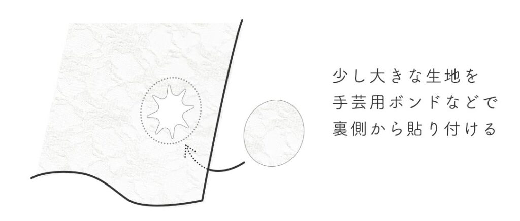 レースカーテンの破れより少し大きな生地を手芸用ボンドなどで裏側から貼り付ける