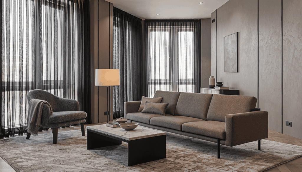 黒いレースカーテン×ホテルライクインテリアイメージ