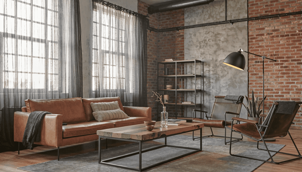 黒いレースカーテン×インダストリアルインテリアイメージ