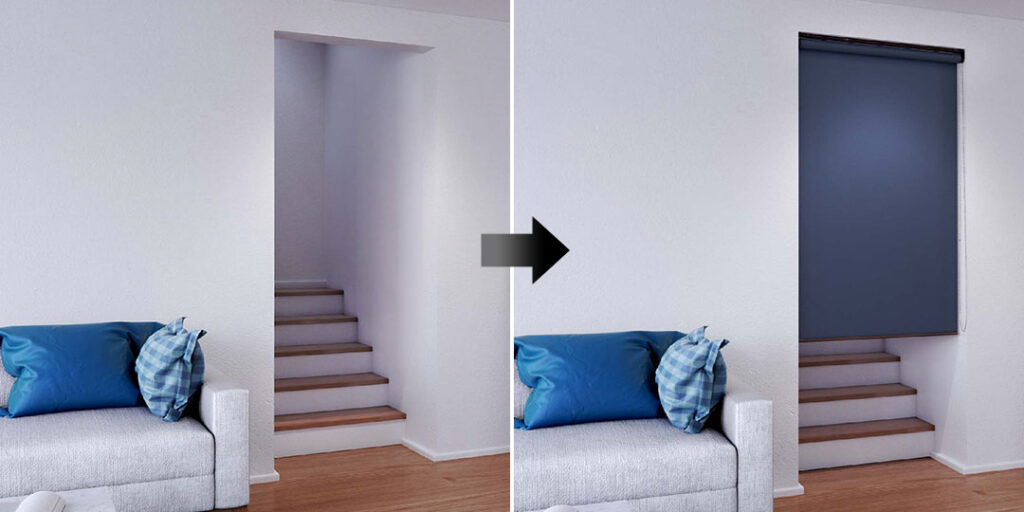ロールスクリーンでリビング階段の間仕切りをするビフォーアフターイメージ