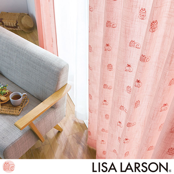【北欧ブランドカーテン】スケッチ刺繍ドレープ(ピンク)｜LISA LARSON(リサ・ラーソン)